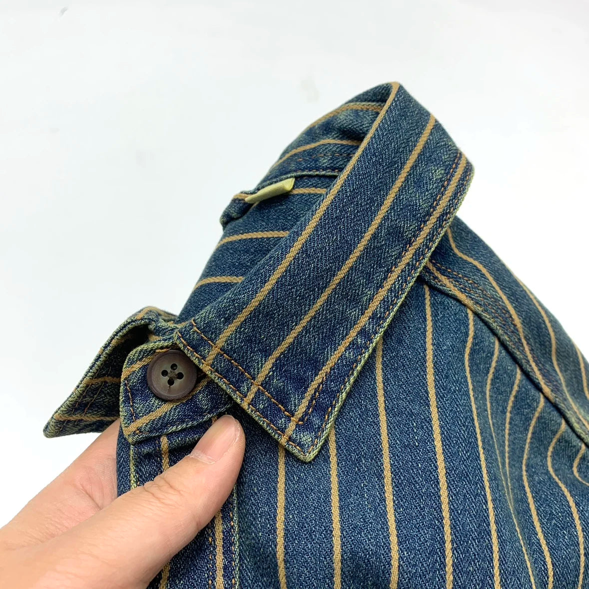 Chaqueta camisa de mezclilla a rayas estilo retro americano pesado, otoño 2025, para hombre, 100% algodón, estilo vintage lavado, abrigo casual holgado
