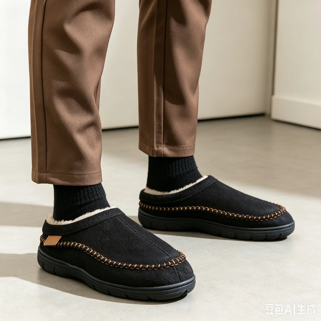 Winter Men's Suede Slippers TPR Sole Anti Slip Warm and Comfortable Memory Cotton Living Room Casual Shoes