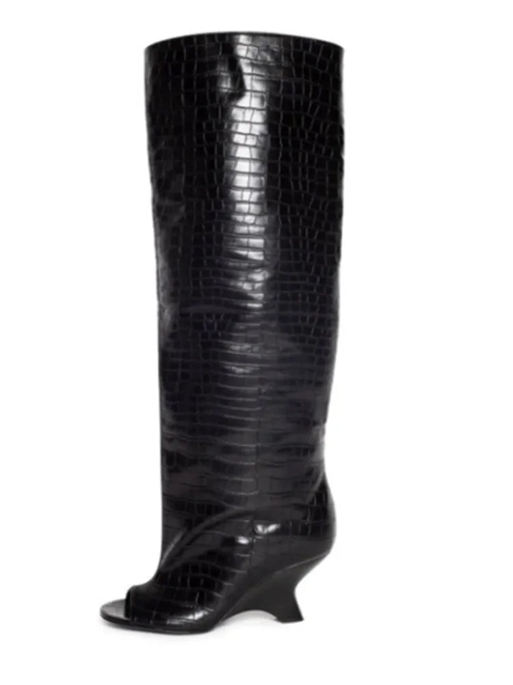Damskie kozaki 2026 z odkrytymi palcami, na grubym wysokim obcasie, do kolan, typu "cool boots", z ukośnym obcasem, modowe, w dużych rozmiarach, wiosenno-letnie.