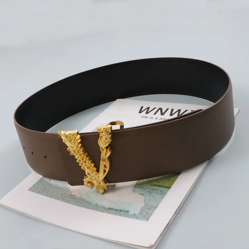 Width 6.5CM Waist Belt Women Metallic Gold Large V-Shaped Cowhide Decoration Versatile Fashion Commuter Dress Jacket Jeans Belt
