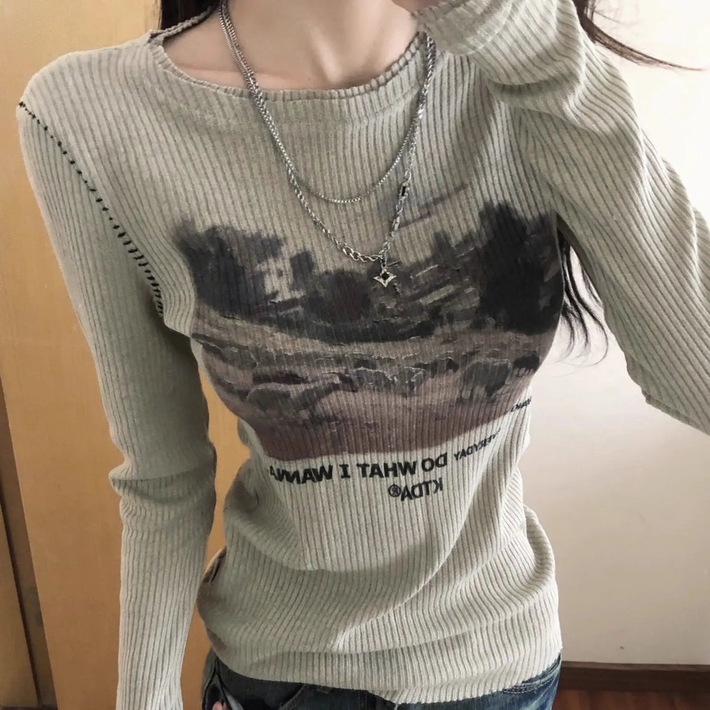 Kimutomo Women Korean Style Ribbed Long‑Sleeve T‑Shirt Autumn Winter Slim‑Fit Layer Top Inner Outer Ins Style Shirts Pullover