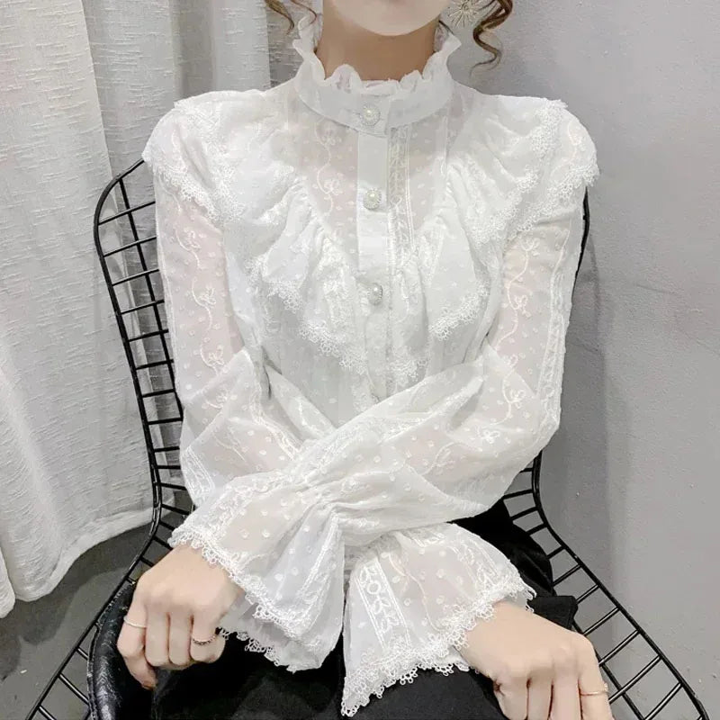 Blusa de chifón blanca de manga larga para mujer con cuello alto y corte holgado