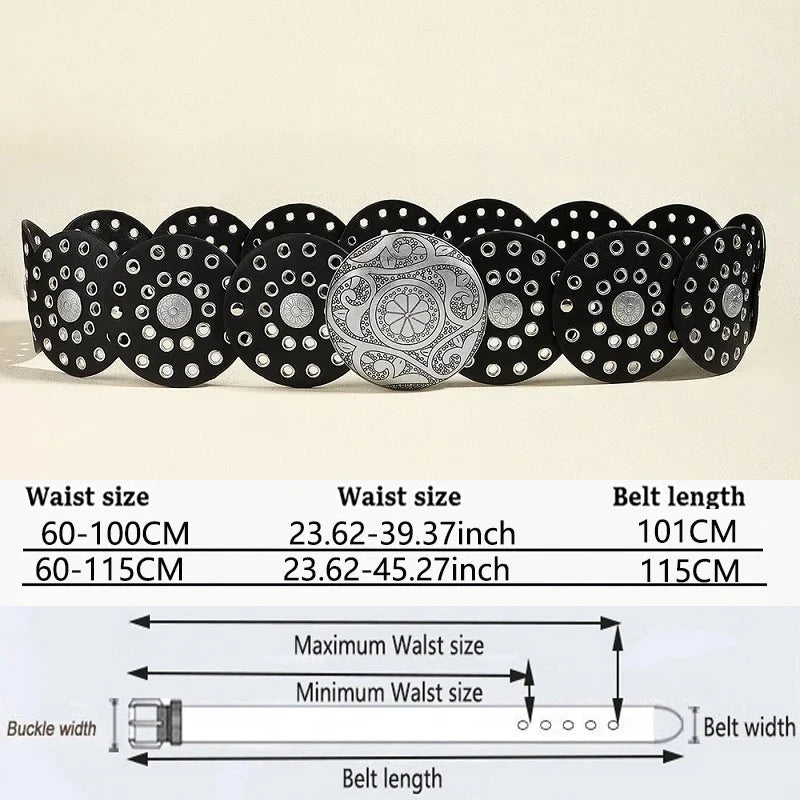 Cinturón de mezclilla estilo vaquero para mujer, metal de alta calidad, hueco, tendencia para damas, cintura ancha, vintage, personalizado, redondo, DT148