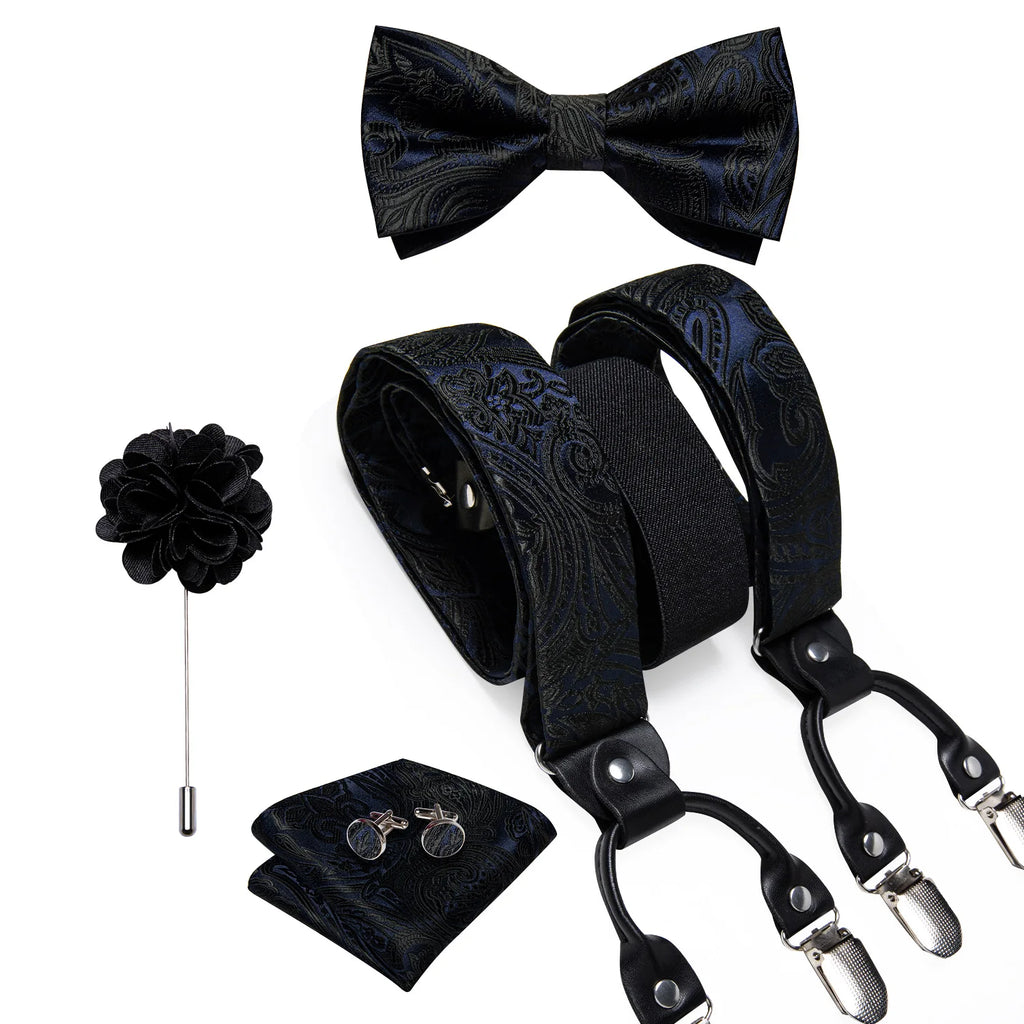 Luxury White Men's Suspenders Adjustable 6 Clips Braces DiBanGu Leather Metal Pre-Tied Bow Tie Brooch Pocket Square Set