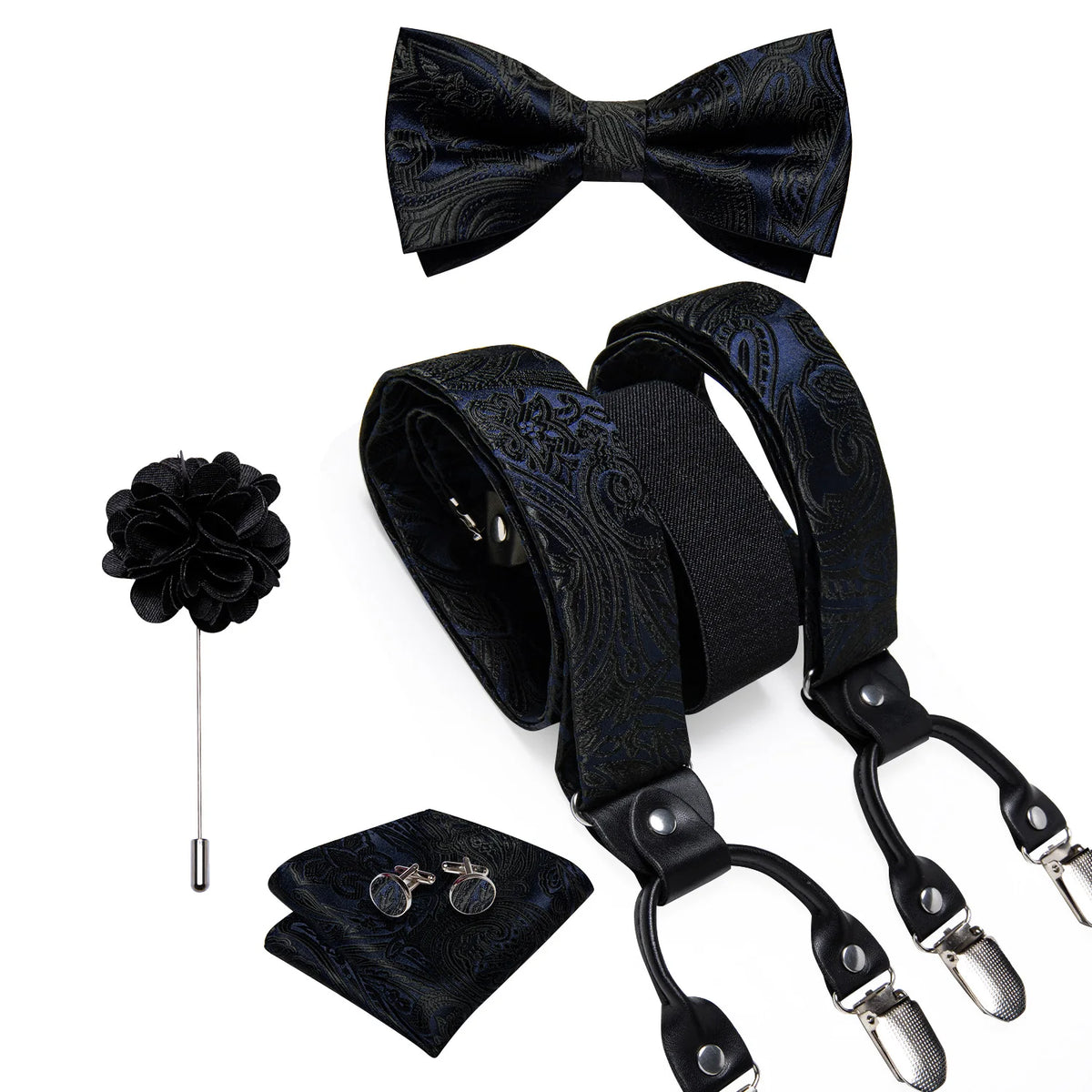 Luxury White Men's Suspenders Adjustable 6 Clips Braces DiBanGu Leather Metal Pre-Tied Bow Tie Brooch Pocket Square Set
