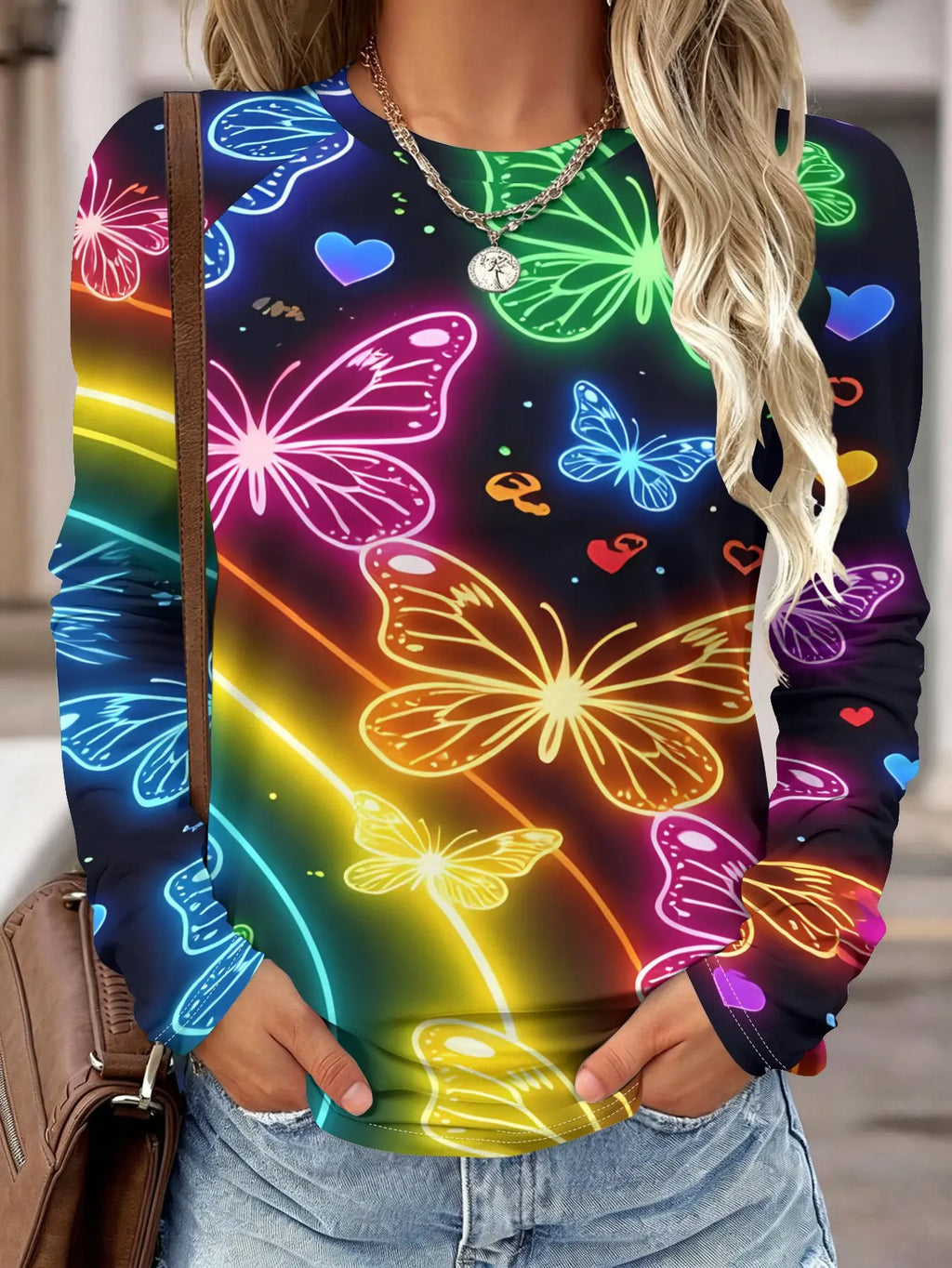 Women Long Sleeve Shirt Neon Rainbow Butterfly Heart Print Round Neck Raglan Casual Fall Tops Women's Clothes