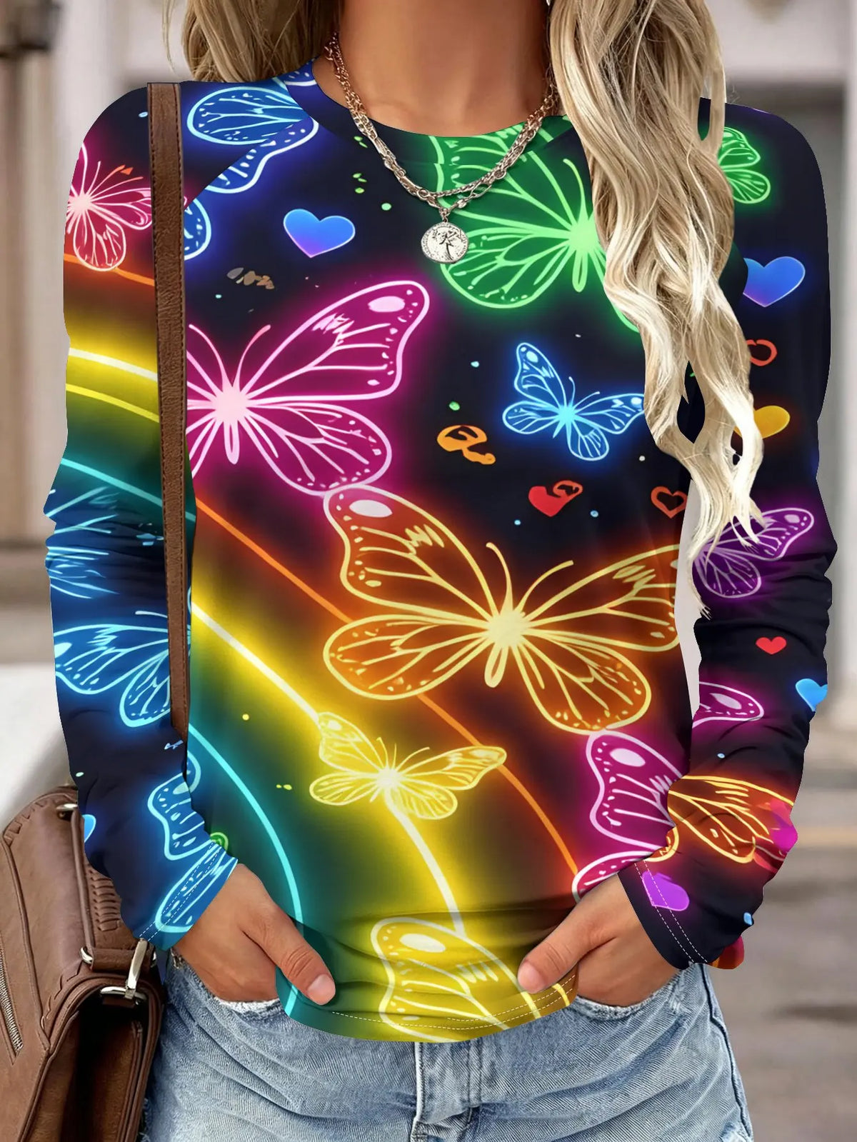 Women Long Sleeve Shirt Neon Rainbow Butterfly Heart Print Round Neck Raglan Casual Fall Tops Women's Clothes