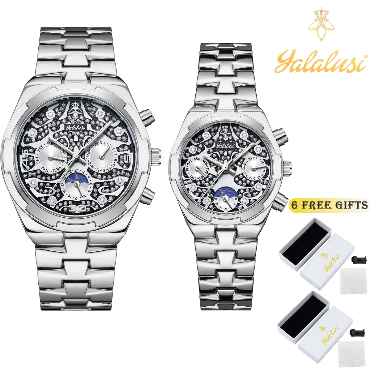 Relojes de pareja de cuarzo impermeables unisex YaLaLuSi con correa de aleación chapada en oro
