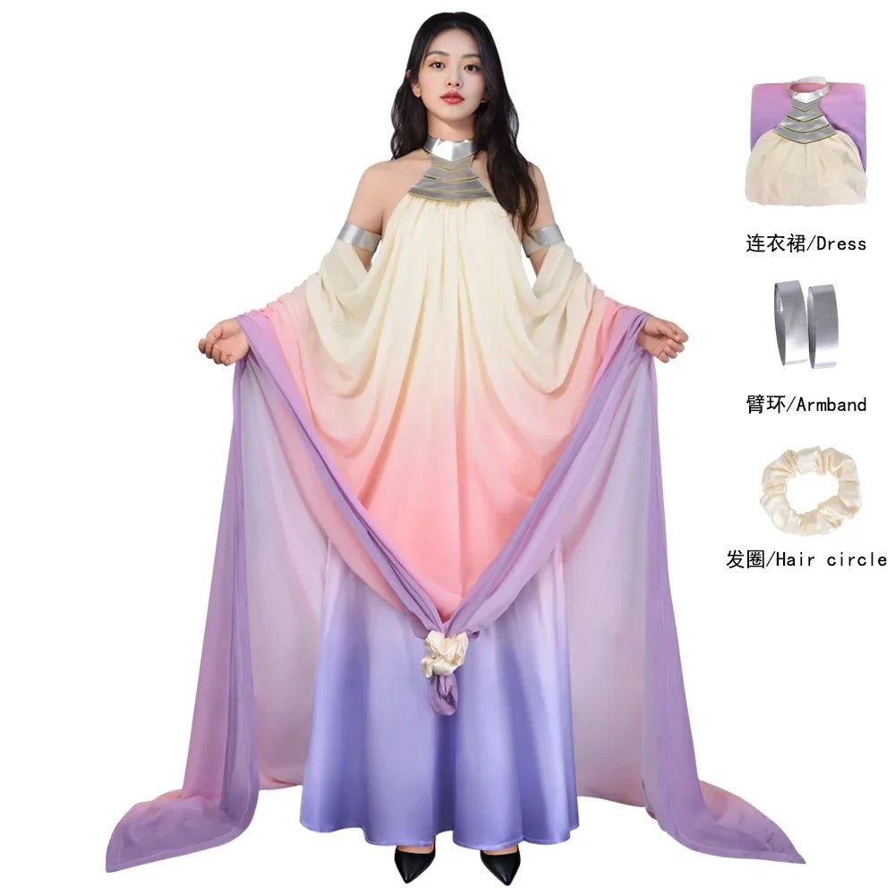 Disfraz de cosplay de Padmé para mujer, vestido largo de poliéster con espalda descubierta