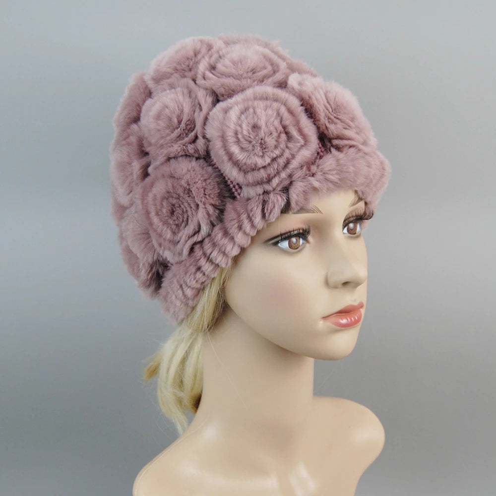Women Knit Real Rex Rabbit Fur Hat Scarf Sets Natural Warm Rex Rabbit Fur Scarves Hat Winter Lady Real Rex Rabbit Fur Hat Scarf
