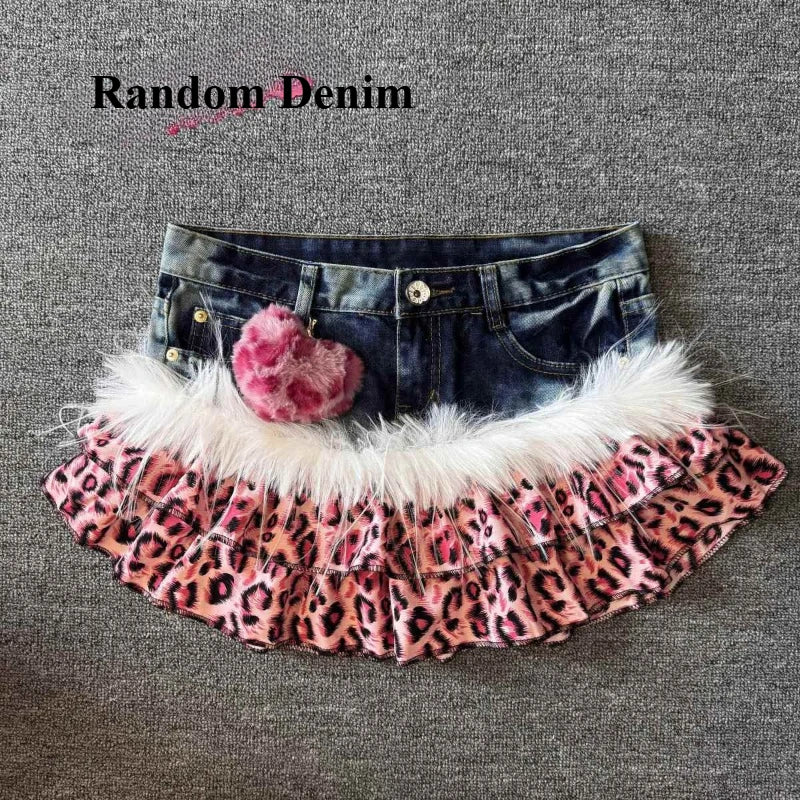 Damska spódnica mini z denimu w lamparcie łaty, wysoki stan, dopasowany krój