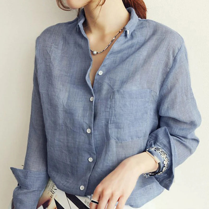 Chemisier décontracté pour femme, style coréen, automne 2022, en coton et lin, coupe ample et légère, manches longues, vintage, couleur unie