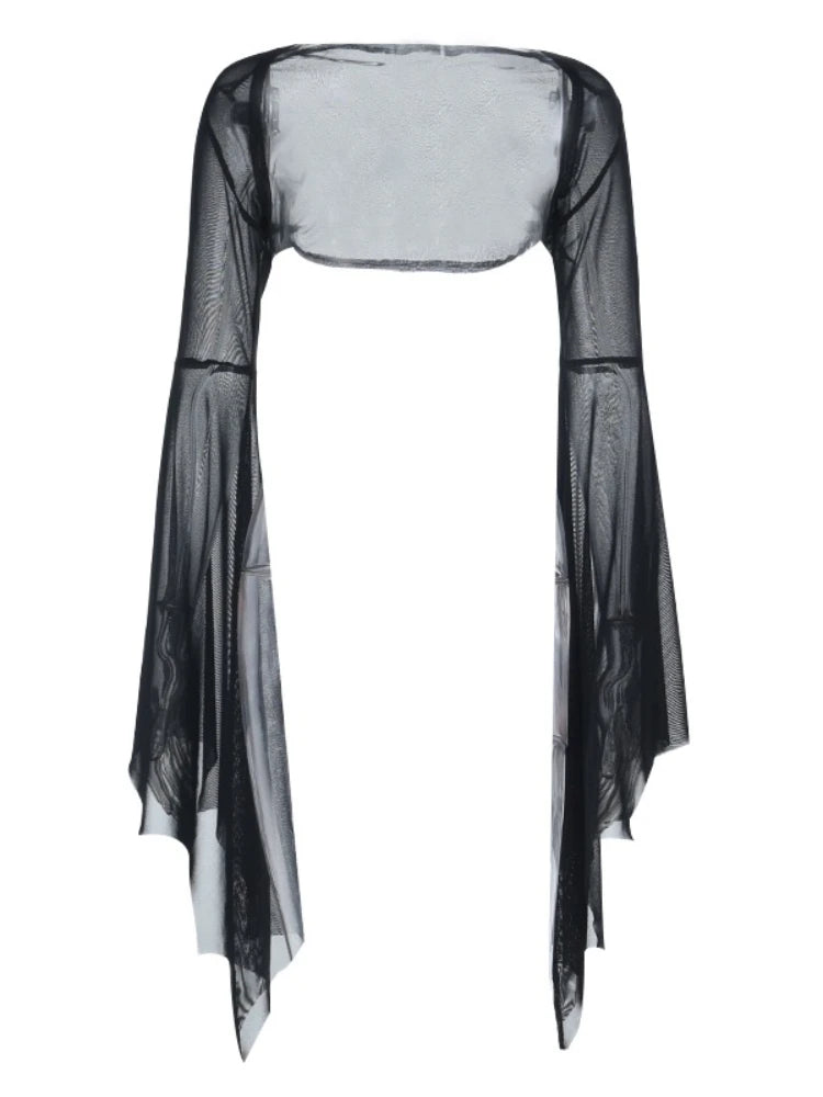 AltGoth Halloween Gothic Mesh Smock Women Vintage Streetwear Witch See Through Bat Sleeve Crop Blouse Sexy Cosplay Clothes Femme