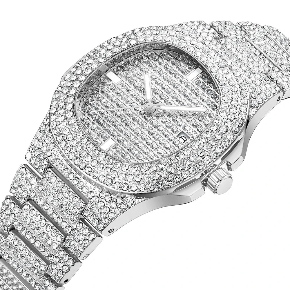 Reloj de moda unisex con diamantes, reloj de cuarzo de acero estilo hip hop, reloj de lujo de marca para hombre y mujer