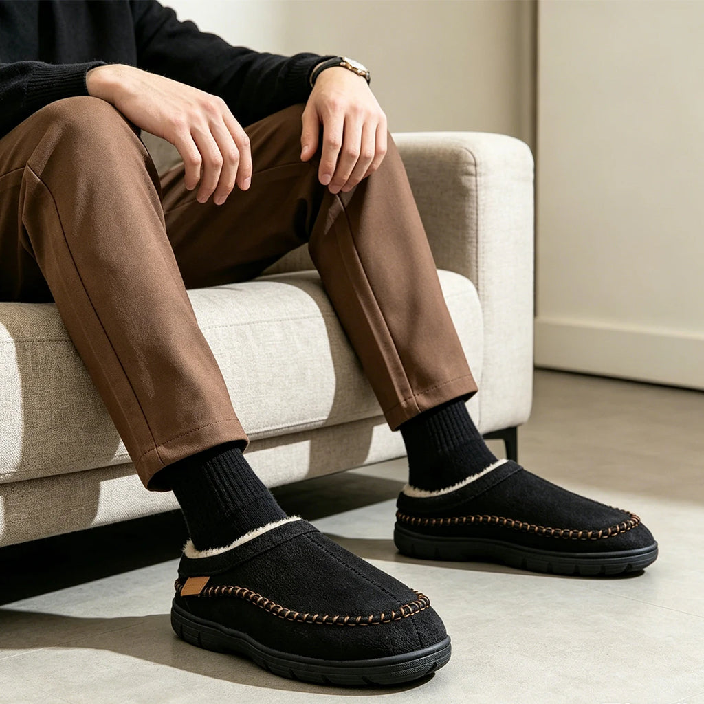 Winter Men's Suede Slippers TPR Sole Anti Slip Warm and Comfortable Memory Cotton Living Room Casual Shoes