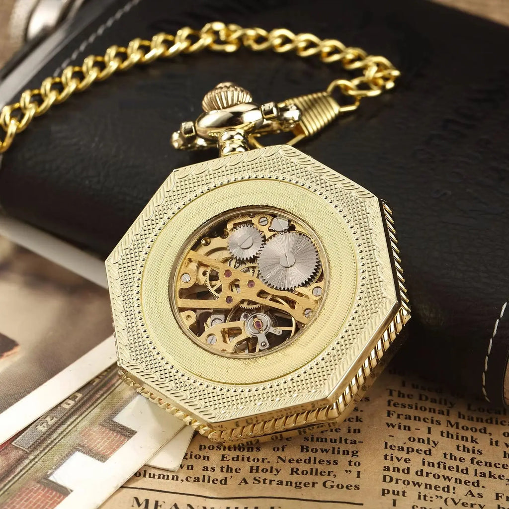 Classic Hexagonal Mechanical Pocket Watch FOB Chain Steampunk Roman Dial Skeleton Gold Hollow Steel Men's Pocket Watch
