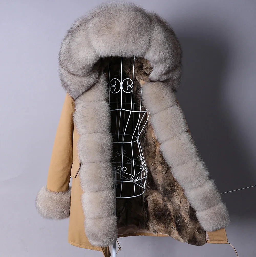 MAOMAOKONG 2026 Removable Real Fox Fur Collar Coats Woman Winter Jacket Hooded Rabbit Fur Lining Long Parkas Female Clothes