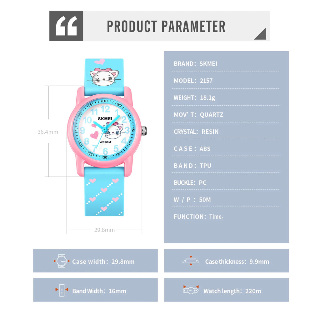 SKMEI Sports Kids Watches 50m Waterproof for Girls Boys Gift Cute Animal Clock Easy Read Children TPU Band Quartz Wristwatch