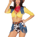 Women Sexy Cowgirl Costume Plaid Fringe Crop Top High Cut Shorts With Bandana Belt Cosplay Outfit Halloween Carnival Party Set