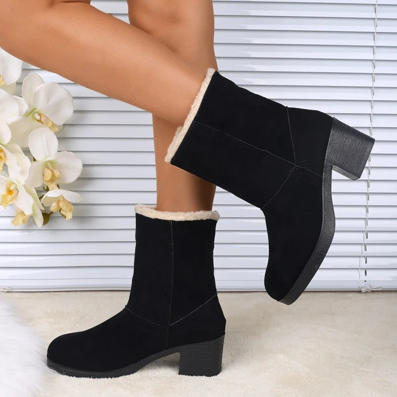 Women's Mid-Calf Square Heel Microfiber Winter Boots with Plush Lining