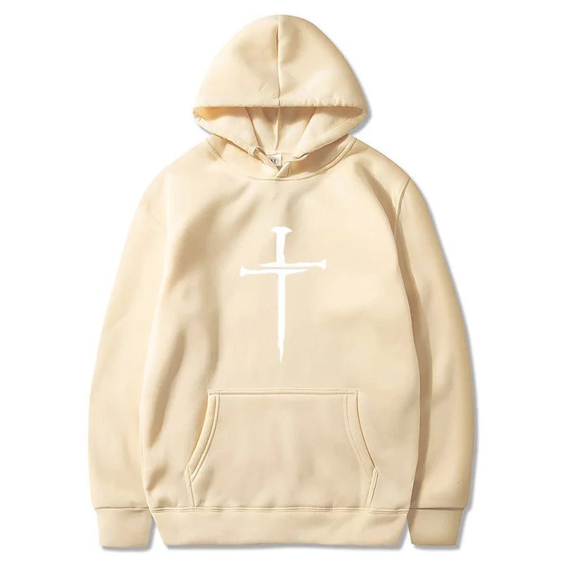 Herr-huvtröja med korsgrafik – Svart ledig tröja med religiöst tryck, moderiktigt streetwear för höst/vinter