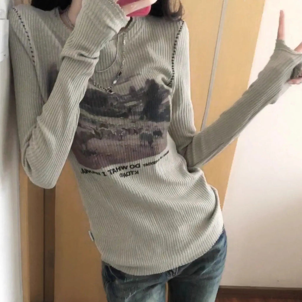 Kimutomo Women Korean Style Ribbed Long‑Sleeve T‑Shirt Autumn Winter Slim‑Fit Layer Top Inner Outer Ins Style Shirts Pullover
