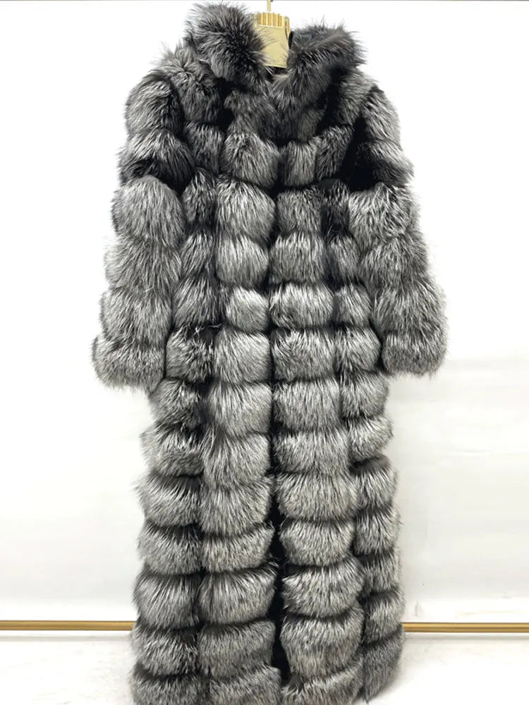 Winter Women Real Fox Fur Coat Thick Warm Full Sleeves Hooded High Quality Natural Fur Fashion Overcoat Customizable Size