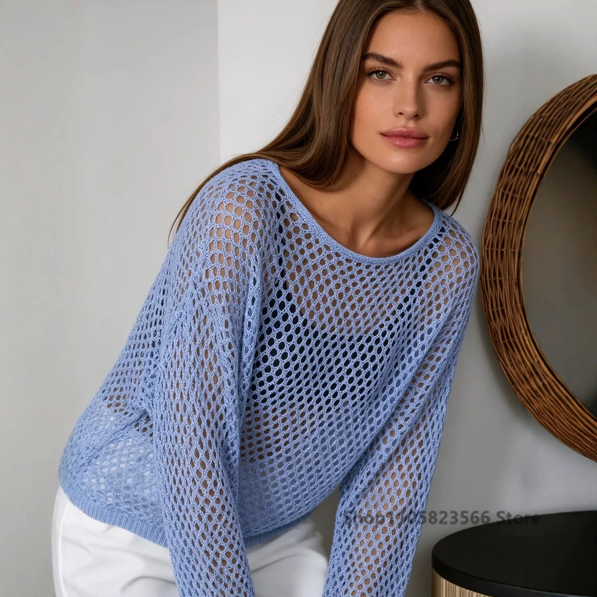 Women Tops Hollow Out Knit Sheer Mesh Tee Round Neck Long Sleeve Casual Summer Cover Up Casual Streetwear Top кофта женская