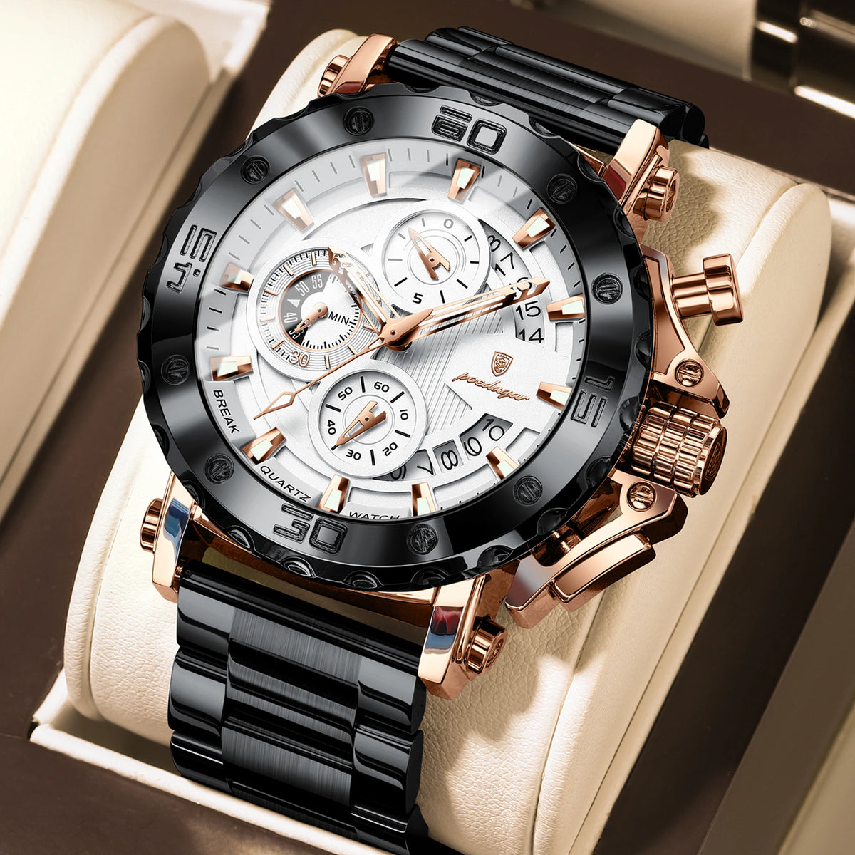 POEDAGAR Top Business Men's Wristwatch Luminous Waterproof Man Clock Chronograph Calendar Stainless Steel Quartz Watches for Men