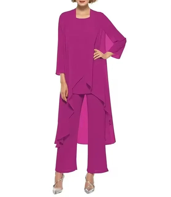 Womens 3-Pieces Set Mother of Bride Dress Party Dress Pant Suits Bussiness Elegant Formal Chiffon Plus Size for Formal Wedding