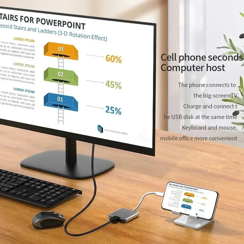 Concentrador USB-C 3 en 1 con HDMI 4K, USB 3.0 y puerto de carga
