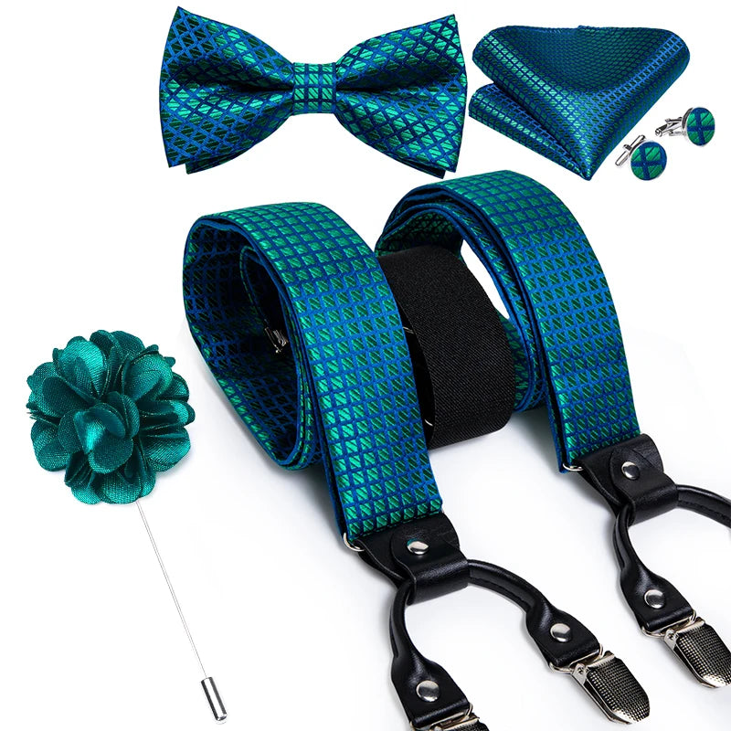 Luxury White Men's Suspenders Adjustable 6 Clips Braces DiBanGu Leather Metal Pre-Tied Bow Tie Brooch Pocket Square Set