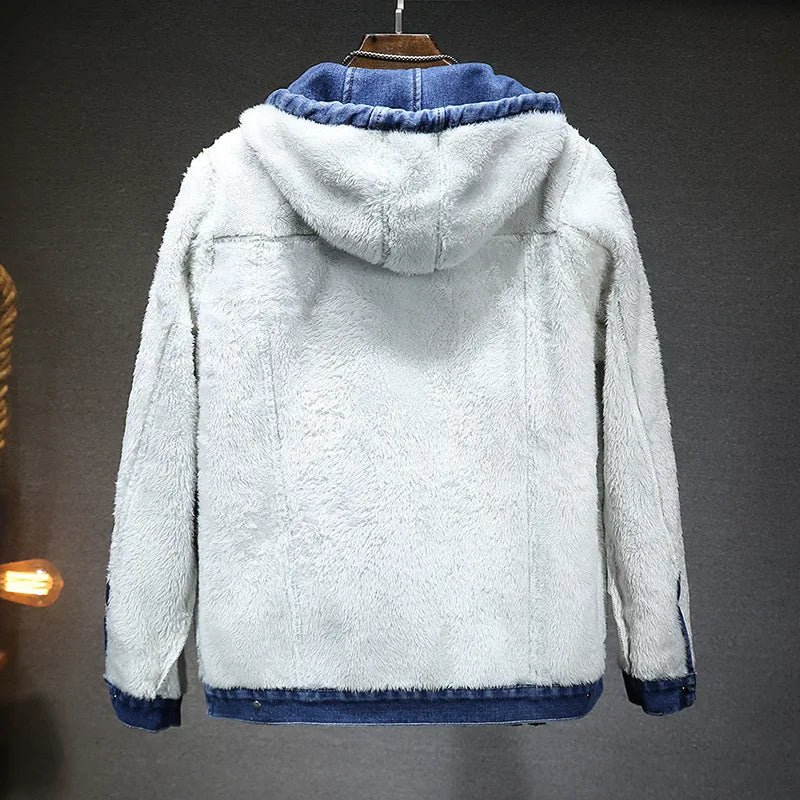 Thicker Winter Jacket Men Warmer Hooded Denim Lambswool Hooded and Padded Denim Jacket Imitation Lamb Wool Fleece Mens Clothes