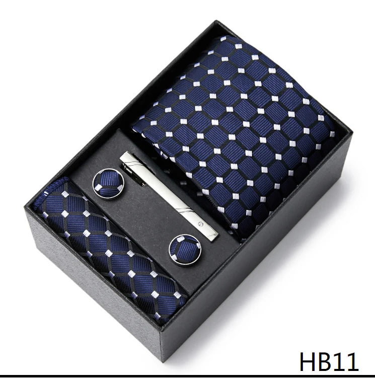 2023 Mode 7,5 cm breite Krawatten-Sets, schwarze Herren-Krawatte, Einstecktuch, Manschettenknöpfe, Krawattenklammer, Box, Hochzeitsgeschenk, handgefertigte Krawatte, Arbeitskleidung