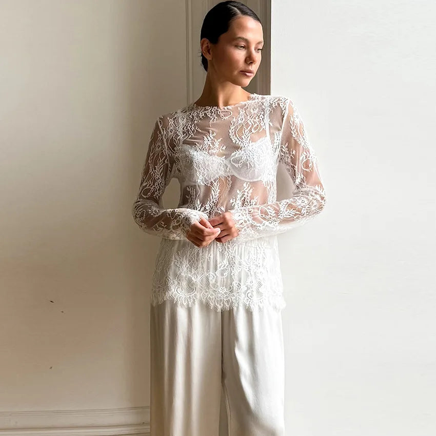 Women's Fashion Elegant Lace Hollow Out See Through Slimming Long Sleeve T Shirt Commuter Versatile Design Niche Mature Wear Top