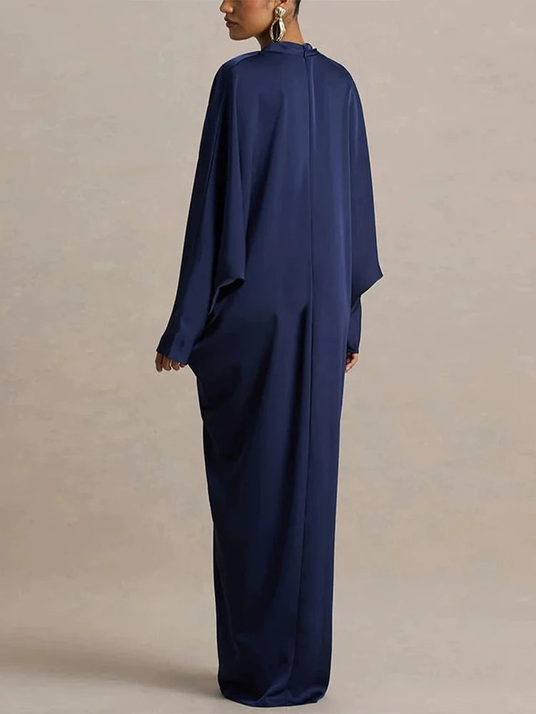 Vestido plisado de mujer hasta los tobillos con cuello en V y mangas murciélago