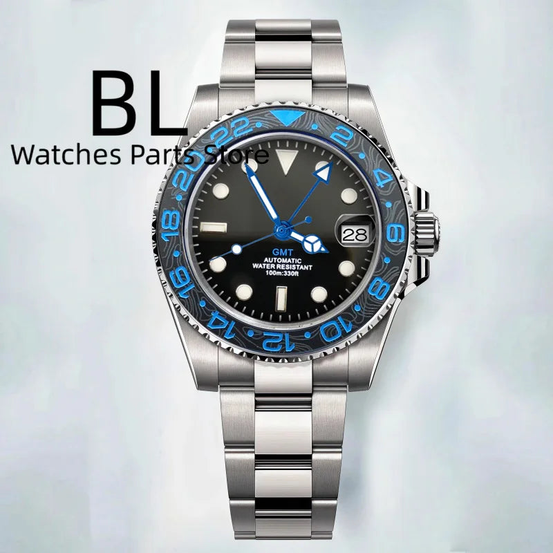 BLIGER 40mm Customizable Logo Blue GMT Watch for Men Black White Dial Green Luminous Sapphire Glass Waterproof Reloj Hombre Date
