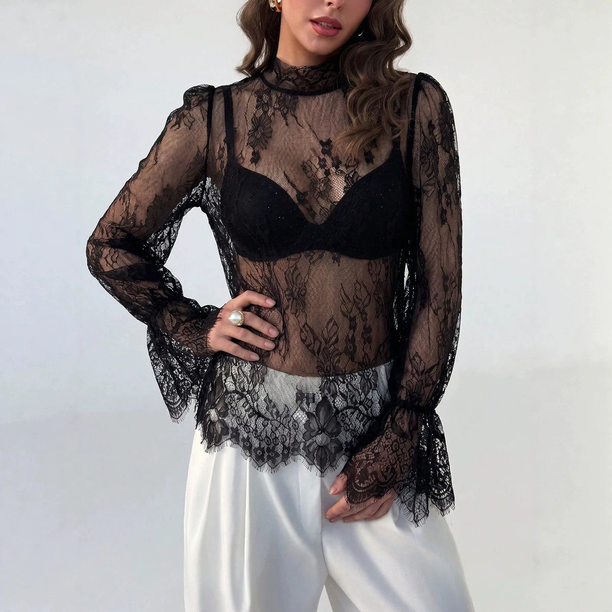 White Tops Sexy Mesh Blouses Transparent Elegant See-Through Black Blouse Shirt Women Lace Floral Embroidery Blouses Shirt Woman