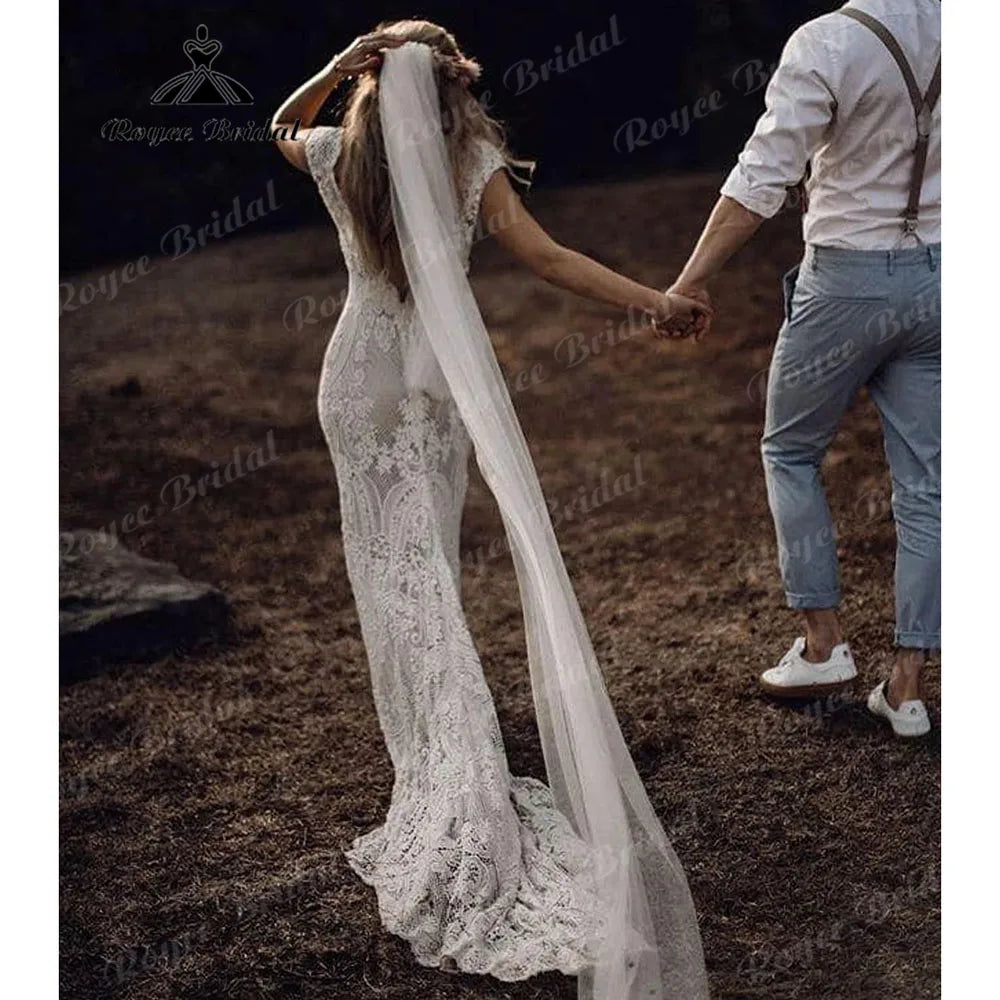Vintage Boho Lace Behemian Mermaid Wedding Dress Robe Civil Country Bridal Gowns Sexy Backless Robe Mariage Femme Customized
