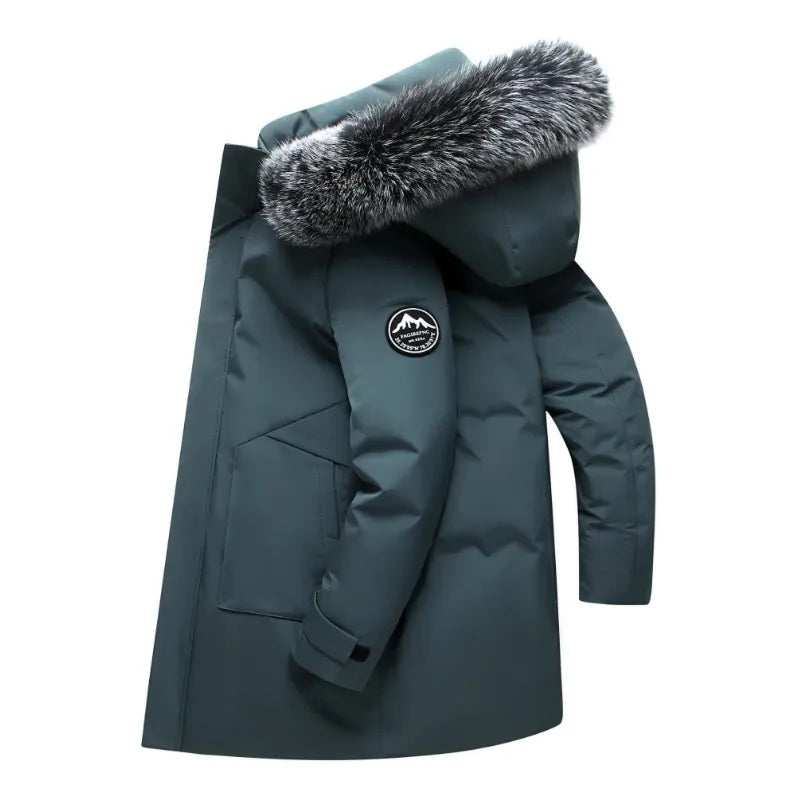 Höst/vinter lång vindtät dunjacka för män, varm dunjacka med huva i vitt ankdun, parkas med flera fickor, överrock för män