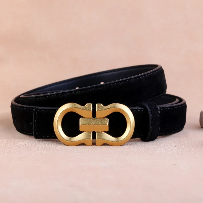 Fashion Women Belt Suede Genuine Leather Skinny Waistband Gold Buckle Wine Red Belts for Jeans Pants Casual