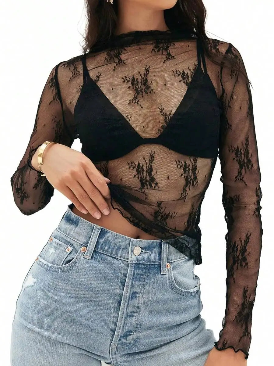 Womens Mesh Sheer Lace Long Sleeve Top Sexy Y2k Mock Neck See Through Shirt Blouses