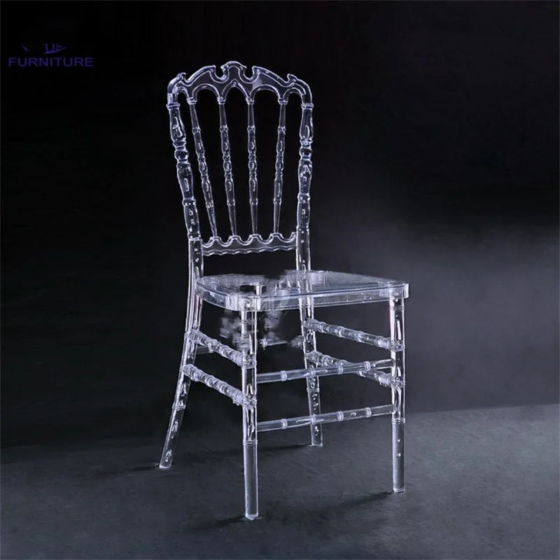 100 unidades de silla Chiavari transparente de resina acrílica desmontable para eventos de boda o fiestas en hoteles