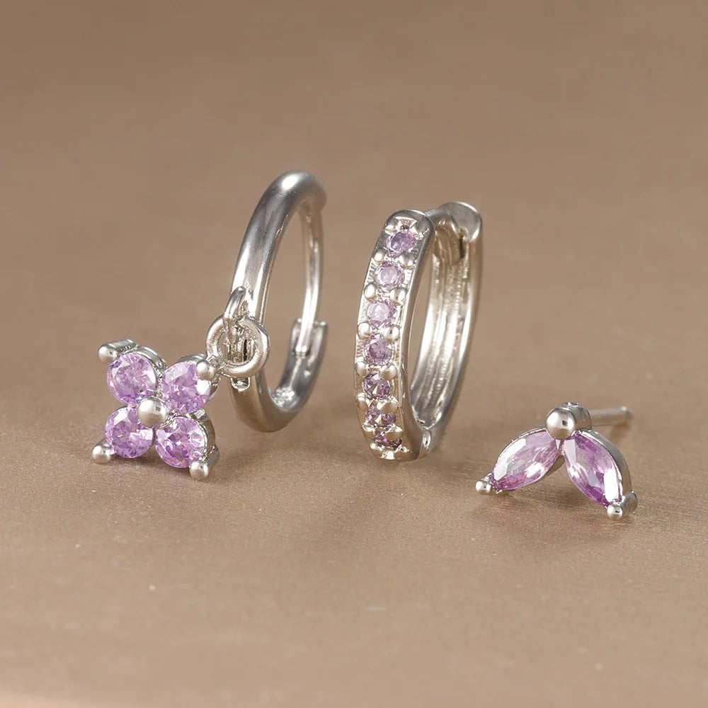 Pendientes de acero inoxidable con forma de flor y circonitas para mujer - Set de 3 piezas