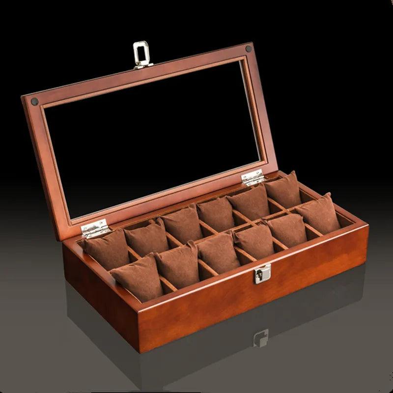 Nowe drewniane pudełko na zegarki z przeszklonym wiekiem, elegancka szkatułka do przechowywania i ekspozycji zegarków dla mężczyzn