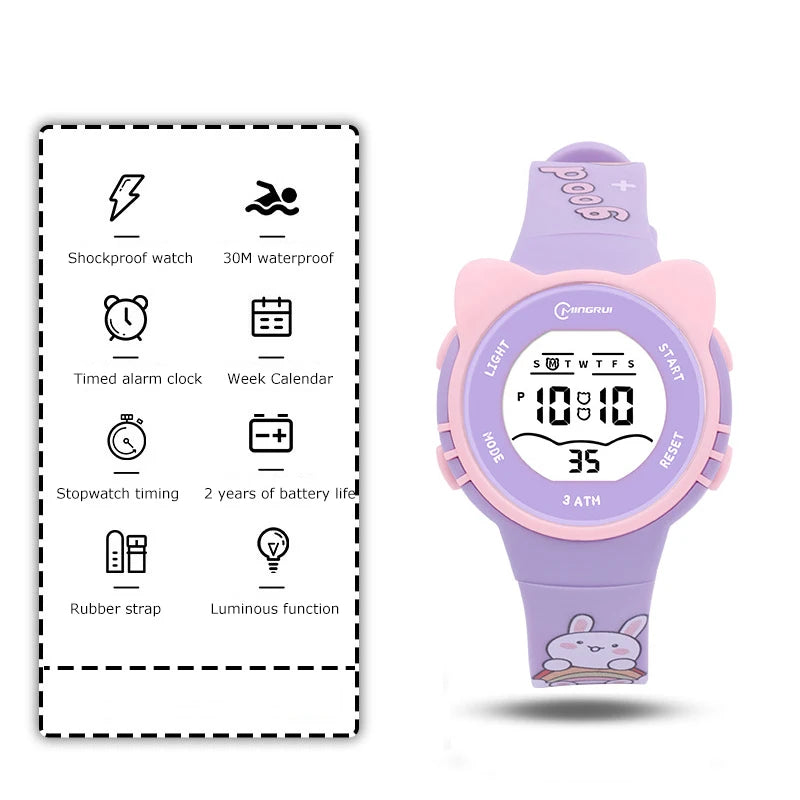 Relojes electrónicos infantiles de dibujos animados para niñas, lindos relojes de pulsera multifuncionales con despertador y resistentes al agua para estudiantes y niños