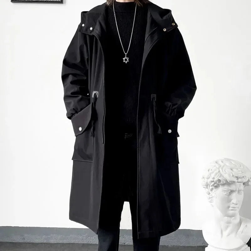 Våren och hösten 2025 armégrön vindjacka mode för män medellång ledig huvjacka herr vardaglig streetwear överrock herrkläder