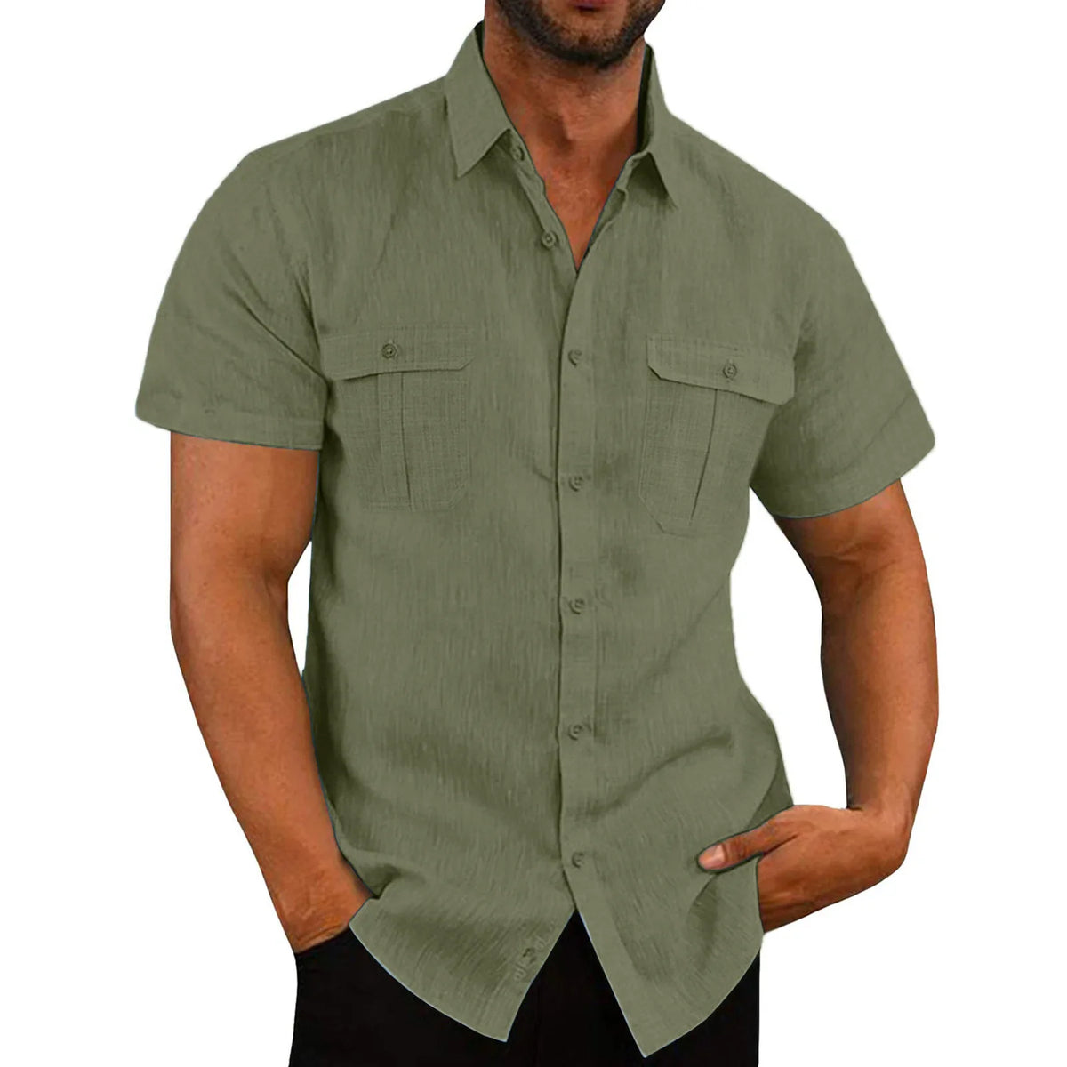 Herrskjortor i linne på rea – kortärmade, enfärgade sommarskjortor med bekväm krage i ledig strandstil, stora storlekar M–4XL