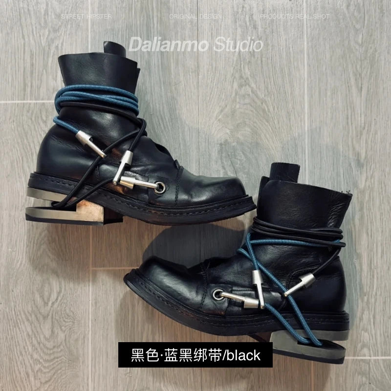 Fashion Men's Genuine Leather Motorcycle Boots Strange Metal Chunky Heel Mid-Calf Round Toe Elastic Band Western Boots Women