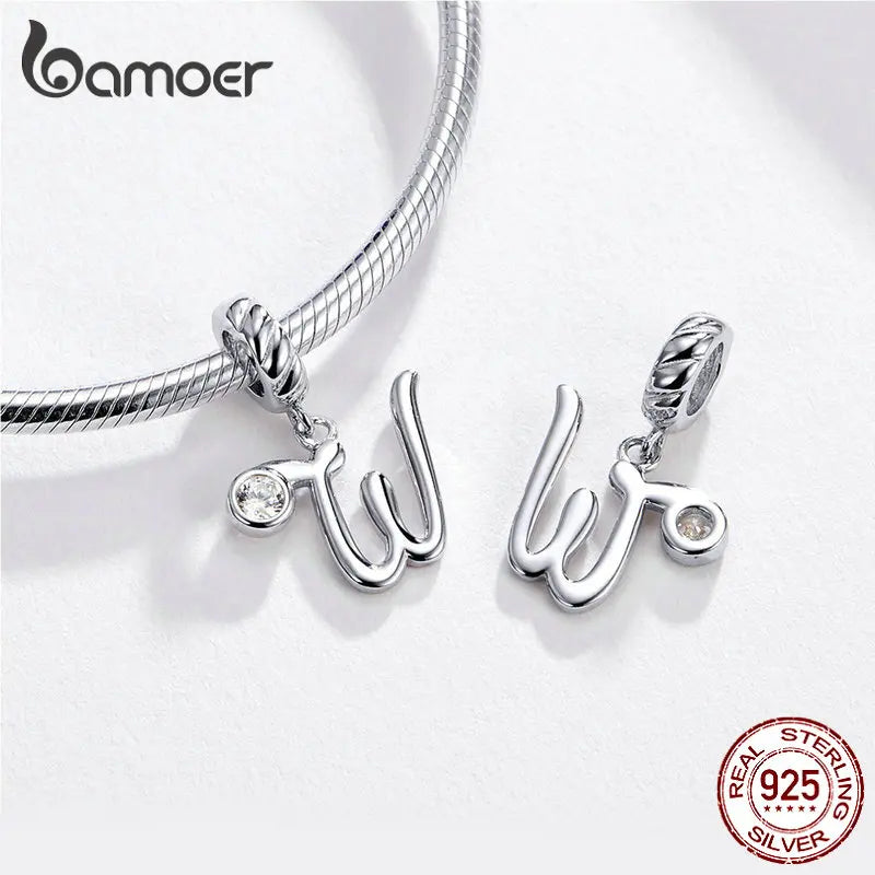 BAMOER 26 Letters Alphabet Pendant 925 Sterling Silver Handwritten Language Pendants Charm for Bracelets and Necklace SCC1183